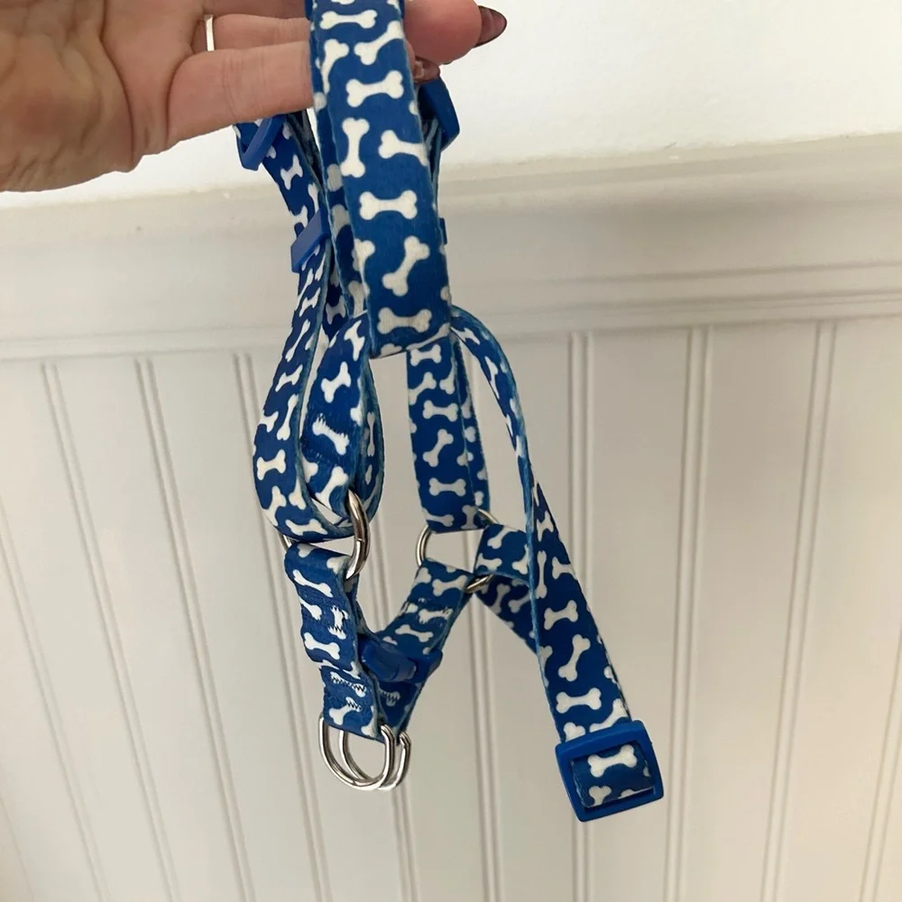 Blue Small Dog Harness with Bone Pattern